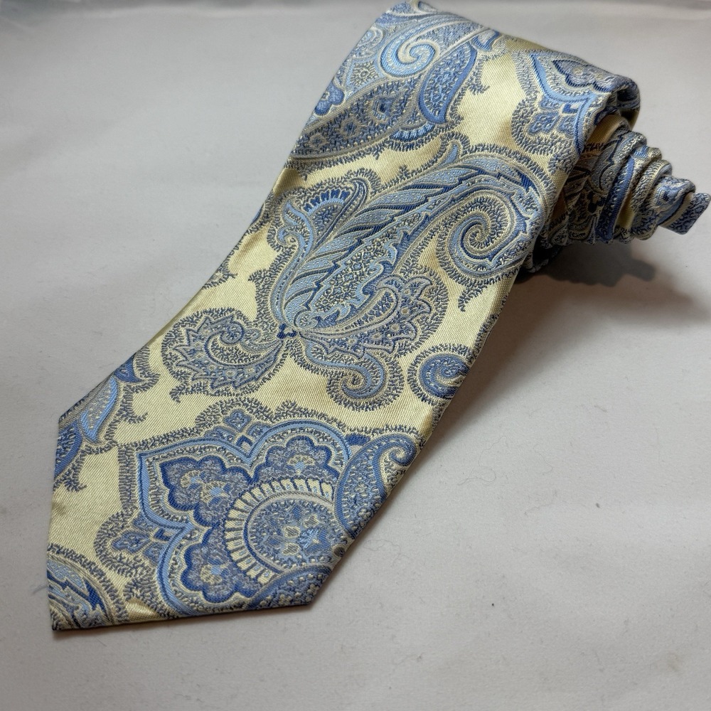 Twill Silk Tie Yellow Blue Paisley Classic Mens Necktie‎ Statement Formal Luxury